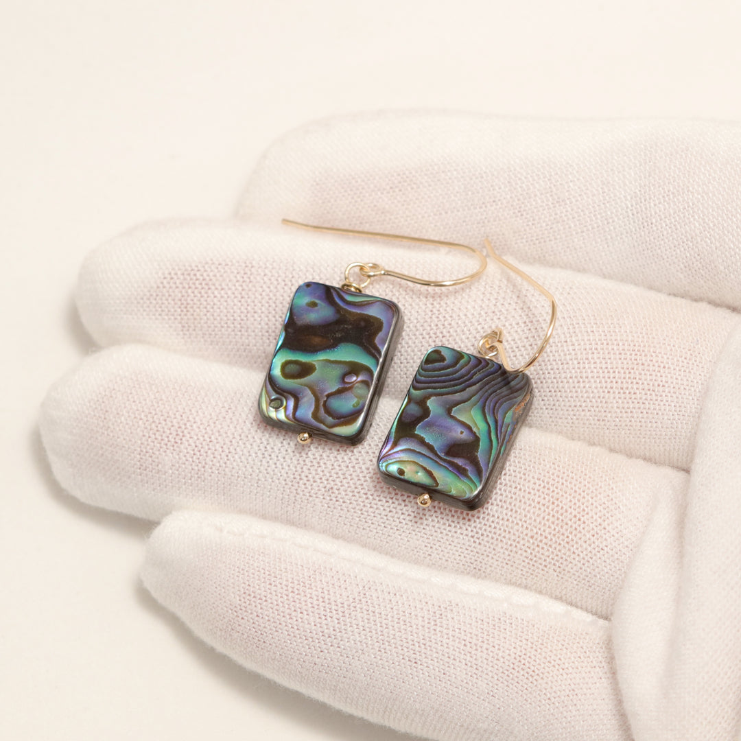 Abalone Paua Shell Teardrop Earrings Natural Peacock 14k Solid Gold or Filled or Sterling Silver Rectangle Simple MOP Blue Green Drops