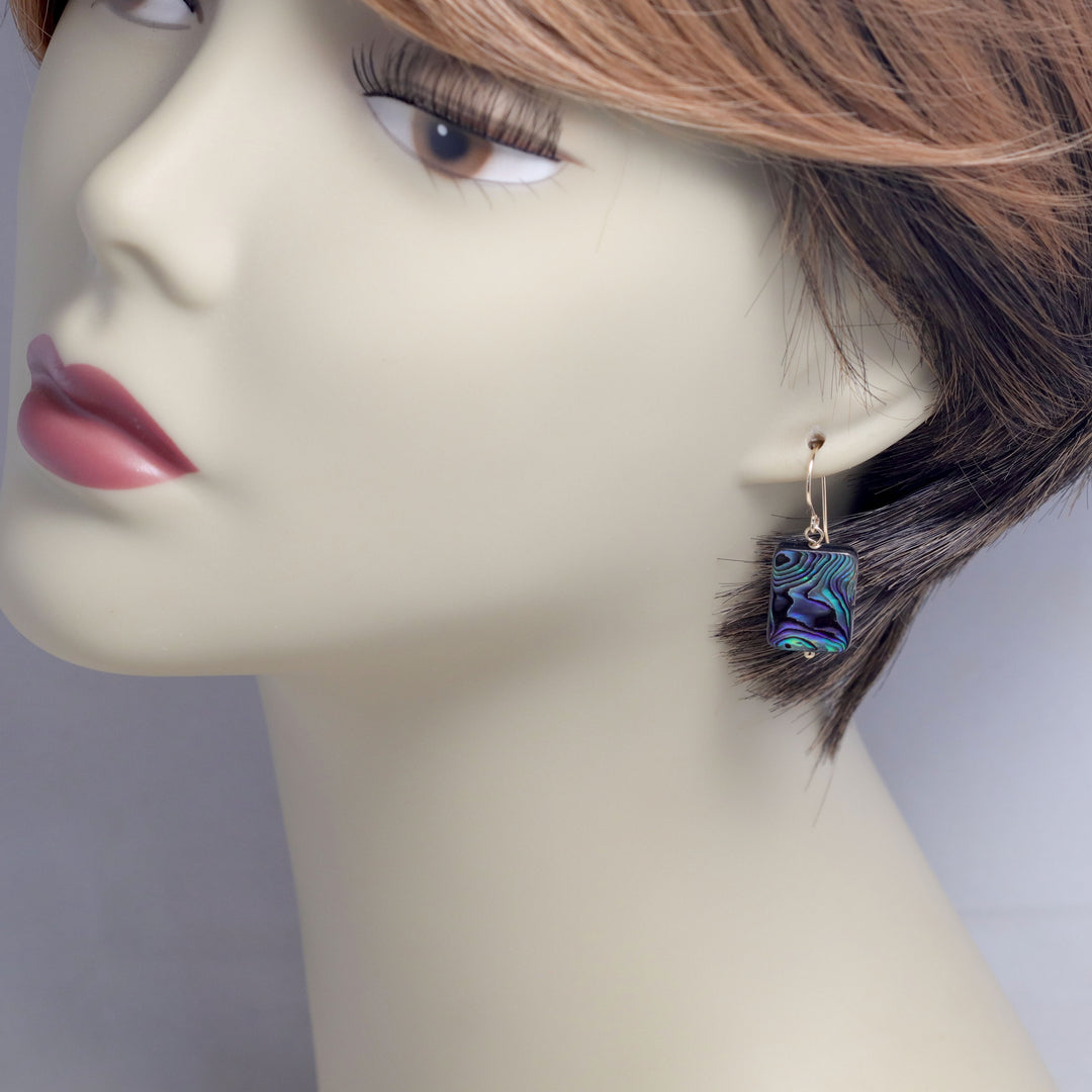 Abalone Paua Shell Teardrop Earrings Natural Peacock 14k Solid Gold or Filled or Sterling Silver Rectangle Simple MOP Blue Green Drops