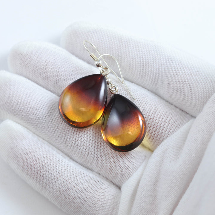 Amber Earrings Sterling Silver Yellow Honey Smooth Puffed Teardrop Natural Unique Dangles Sterling Silver 1.6 Inches