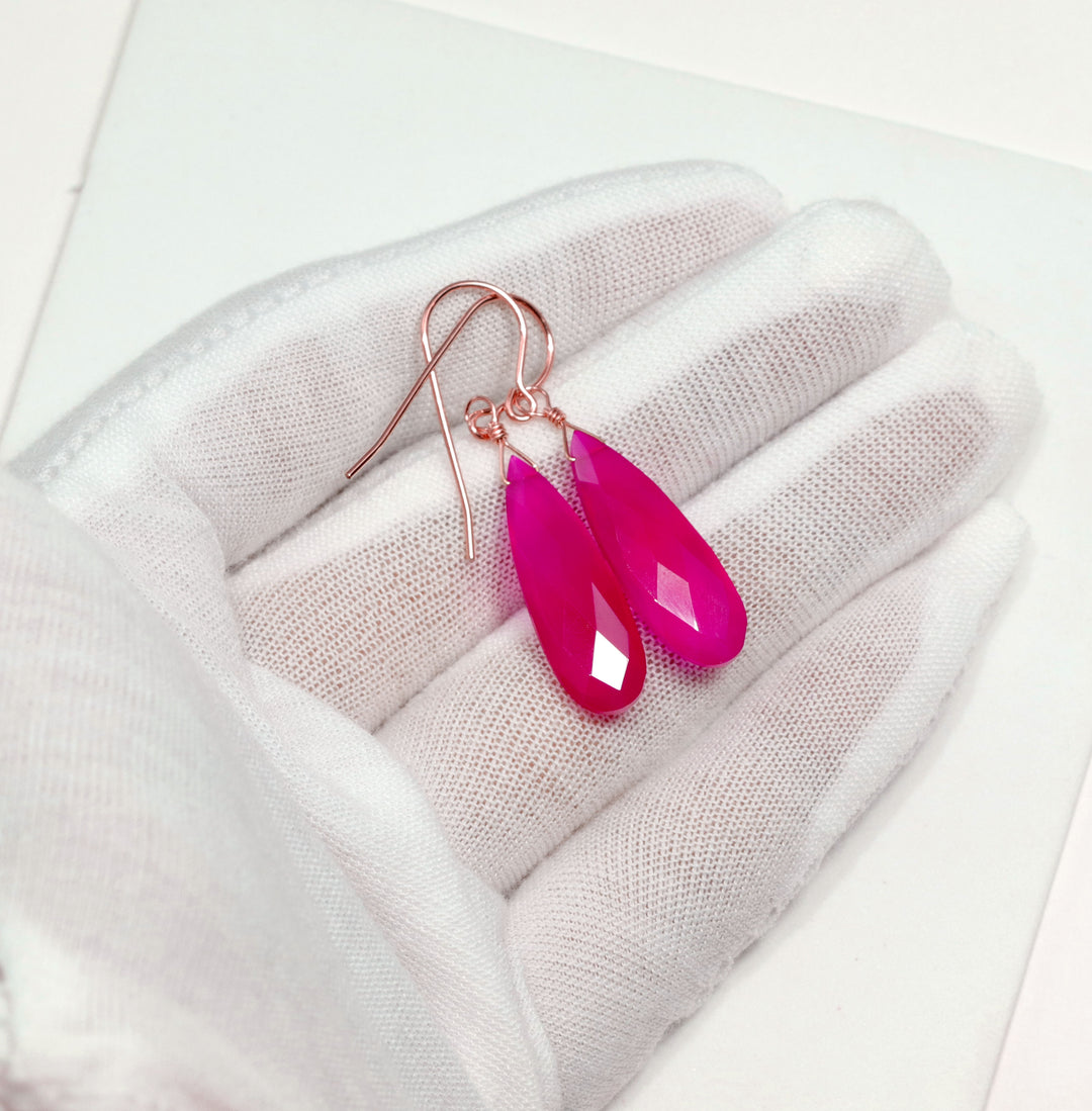 Hot Pink Chalcedony Earrings Long Teardrop Shaped faceted 14k solid gold or filled or Sterling Silver Briolettes Fuchsia Magenta Simple Drop
