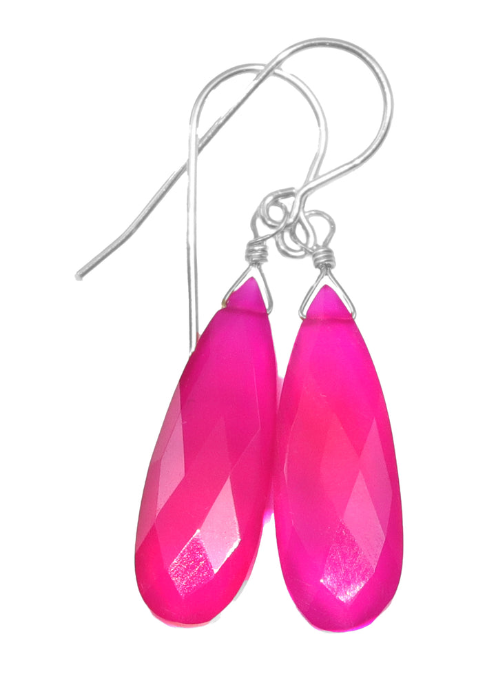 Hot Pink Chalcedony Earrings Long Teardrop Shaped faceted 14k solid gold or filled or Sterling Silver Briolettes Fuchsia Magenta Simple Drop