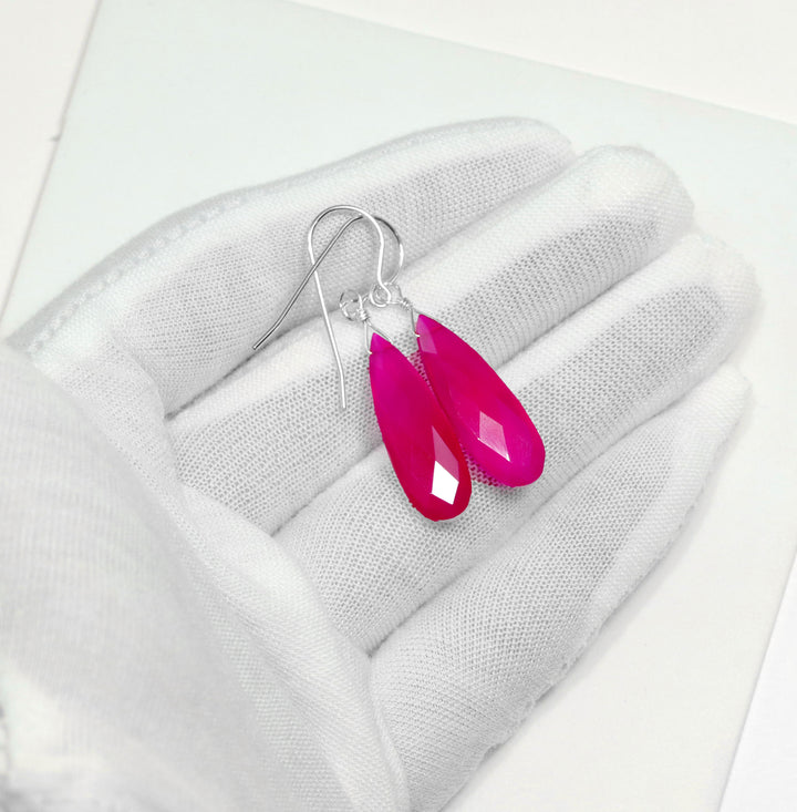 Hot Pink Chalcedony Earrings Long Teardrop Shaped faceted 14k solid gold or filled or Sterling Silver Briolettes Fuchsia Magenta Simple Drop