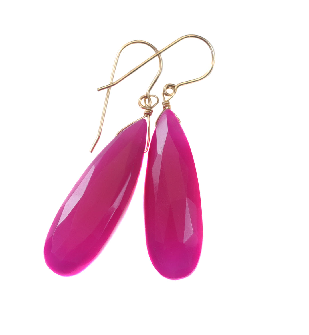 Hot Pink Chalcedony Earrings Long Teardrop Shaped faceted 14k solid gold or filled or Sterling Silver Large Fuchsia Magenta Simple Drop 2 Inch