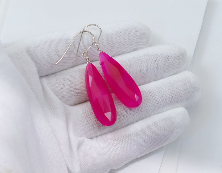 Hot Pink Chalcedony Earrings Long Teardrop Shaped faceted 14k solid gold or filled or Sterling Silver Large Fuchsia Magenta Simple Drop 2 Inch