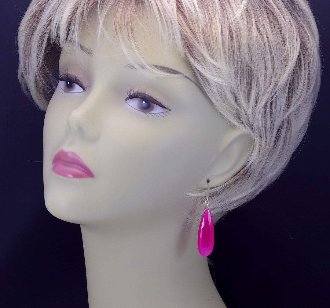 Hot Pink Chalcedony Earrings Long Teardrop Shaped faceted 14k solid gold or filled or Sterling Silver Large Fuchsia Magenta Simple Drop 2 Inch