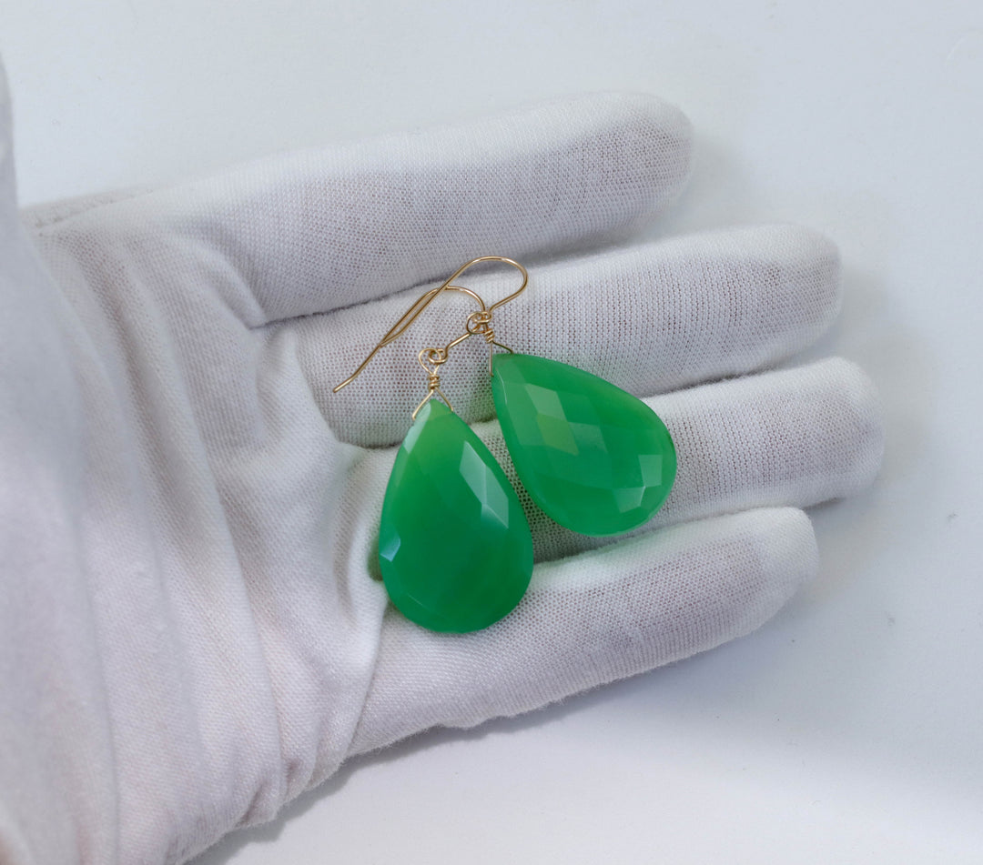 Chrysoprase Earrings Sterling Silver or 14k Solid Gold or Filled Faceted Large Long 2 Inch Teardrop Apple Green Chalcedony Classic Natural Drops