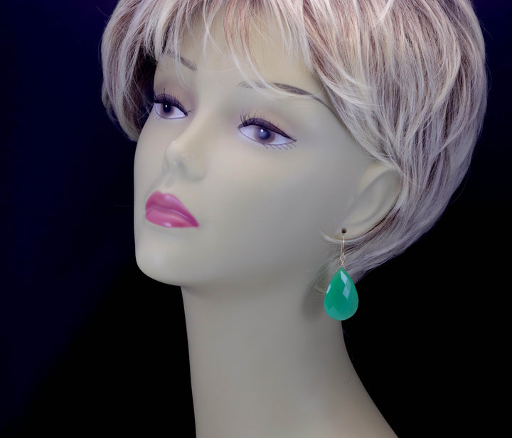 Chrysoprase Earrings Sterling Silver or 14k Solid Gold or Filled Faceted Large Long 2 Inch Teardrop Apple Green Chalcedony Classic Natural Drops