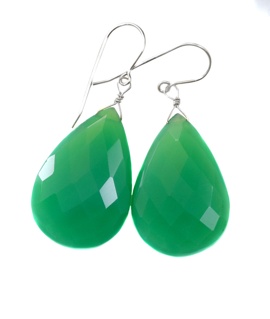 Chrysoprase Earrings Sterling Silver or 14k Solid Gold or Filled Faceted Large Long 2 Inch Teardrop Apple Green Chalcedony Classic Natural Drops