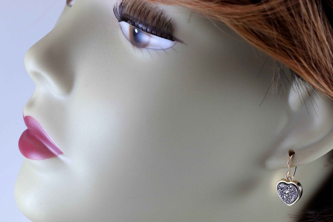 Silvery Druzy Earrings Teardrop 14k Solid Gold or Filled French Ear Wires Bezel Simple Drops sparkly drusy quartz Square Cut Dainty Bright