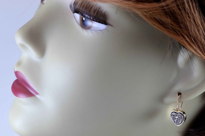 Silvery Druzy Earrings Teardrop 14k Solid Gold or Filled French Ear Wires Bezel Simple Drops sparkly drusy quartz Square Cut Dainty Bright