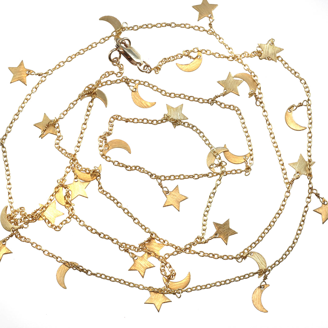 Stars and Harvest Moons Charm Necklace Long 36 Inch Hanging Single or Double Up Dainty Everyday Design
