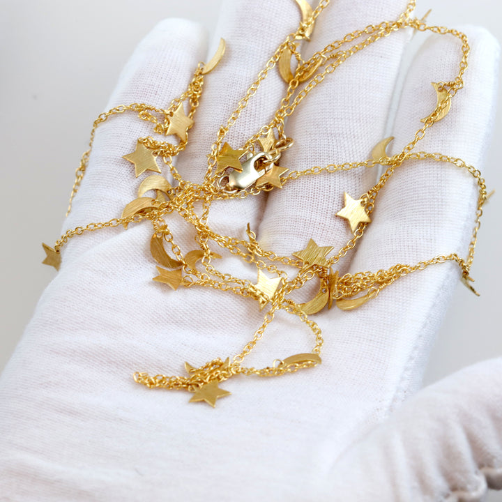 Stars and Harvest Moons Charm Necklace Long 36 Inch Hanging Single or Double Up Dainty Everyday Design