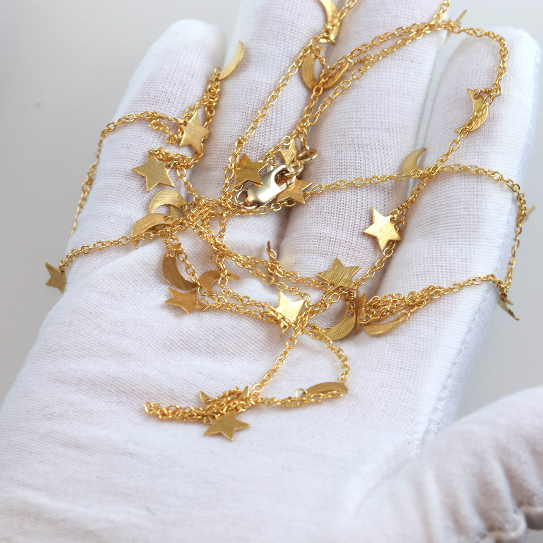 Stars and Harvest Moons Charm Necklace Long 36 Inch Hanging Single or Double Up Dainty Everyday Design