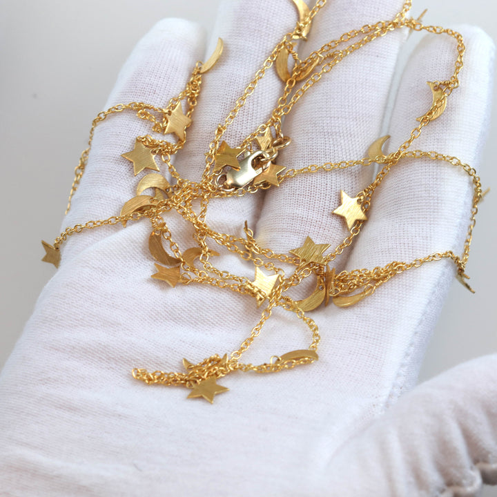 Stars and Harvest Moons Charm Necklace Long 36 Inch Hanging Single or Double Up Dainty Everyday Design
