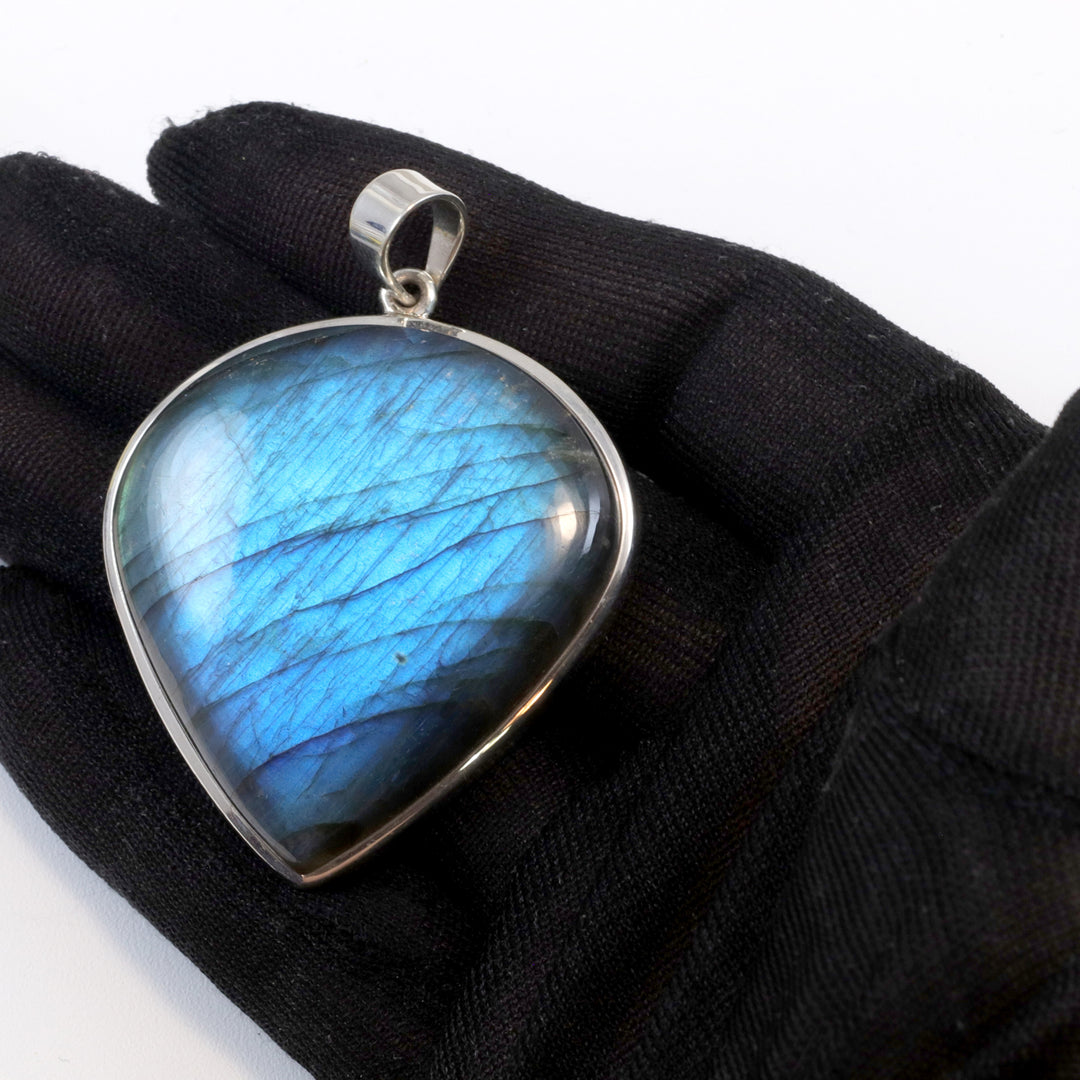 Labradorite Pendant  Sterling Silver Marquise Teardrop  Large Cabachon Bezel Set Pendent AAA Simple  Natural Blue Flash Spyglass Design 2 In