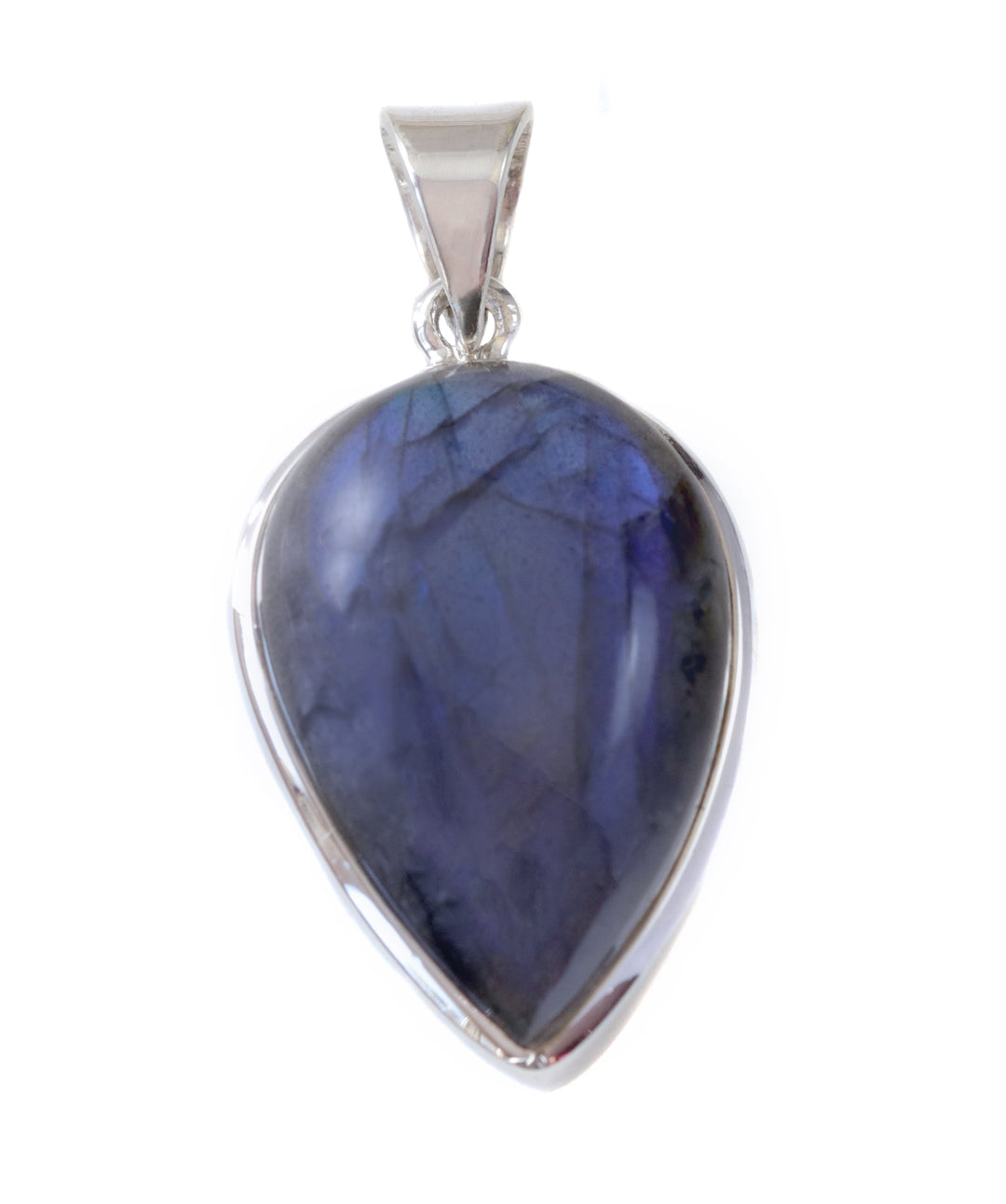 Labradorite Necklace Pendant  Sterling Silver Teardrop Cabochon Large Shape AAA Spyglass Designs Natural Blue Flash Clean Simple Design