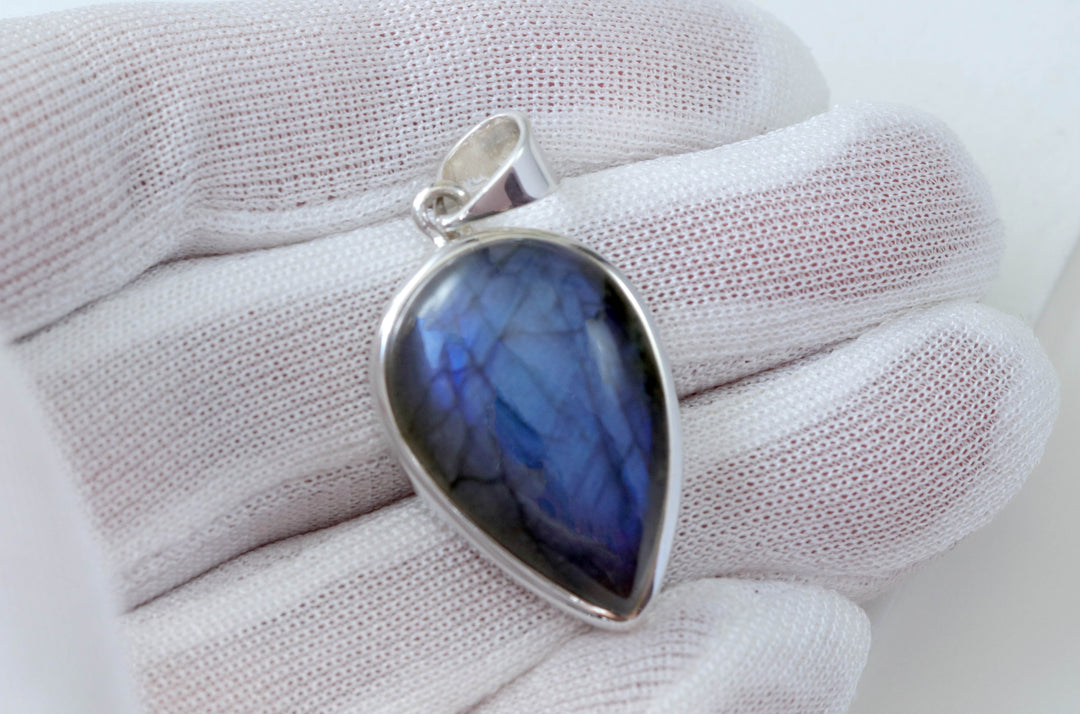 Labradorite Necklace Pendant  Sterling Silver Teardrop Cabochon Large Shape AAA Spyglass Designs Natural Blue Flash Clean Simple Design