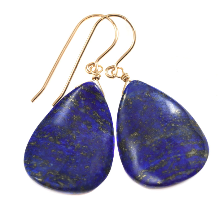Blue Lapis Lazuli Earrings Natural Large Huge Smooth Teardrop Drops Sterling Silver or 14k Solid Gold or Filled Pyrite Spyglass Designs