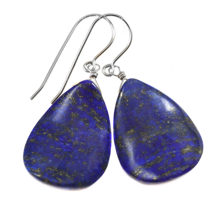 Blue Lapis Lazuli Earrings Natural Large Huge Smooth Teardrop Drops Sterling Silver or 14k Solid Gold or Filled Pyrite Spyglass Designs
