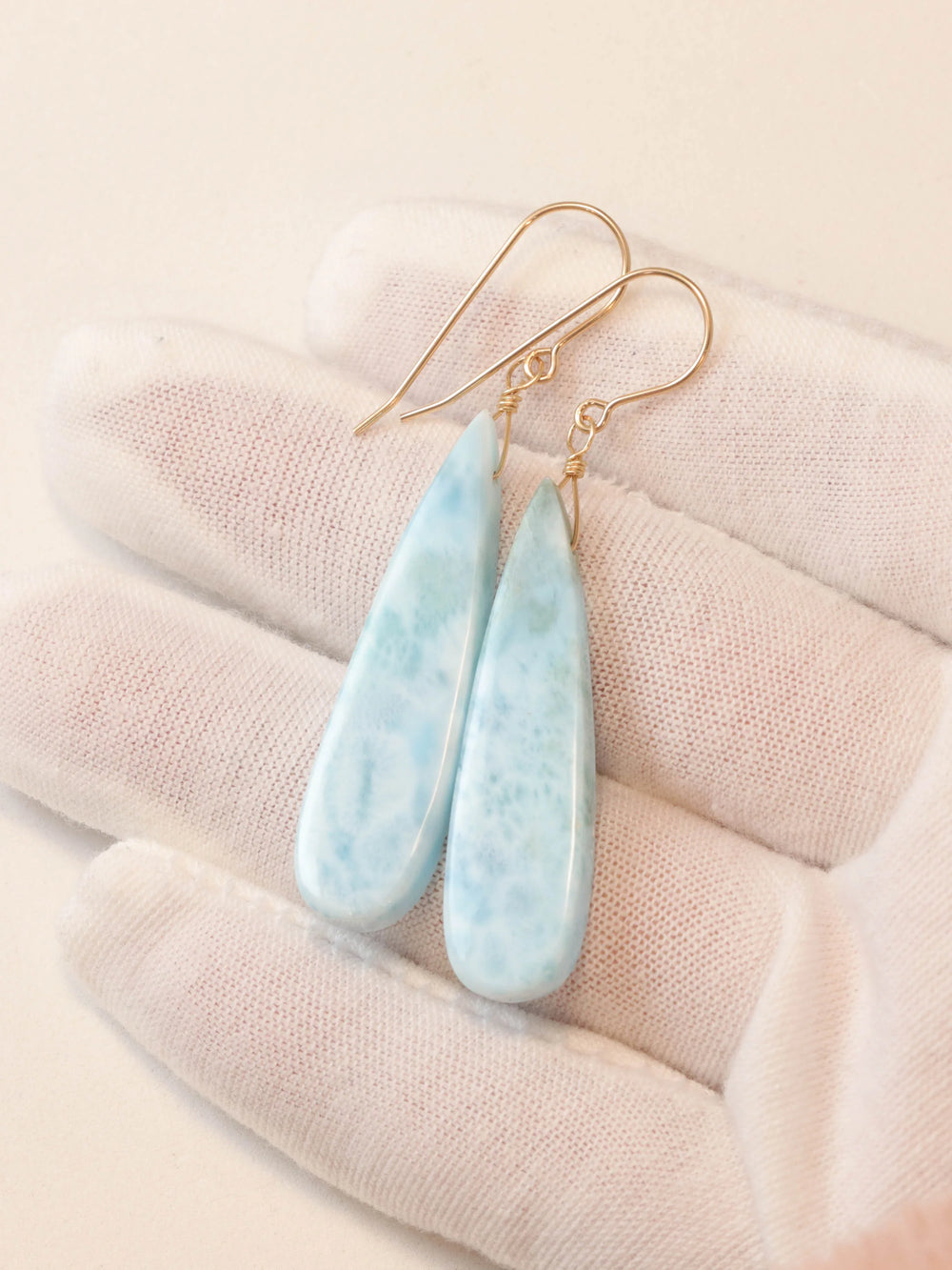 Copy of Blue Larimar Earrings Natural Long Teardrops Smooth Drop 14k Solid Gold or Filled or Sterling Silver Drops Baby Blue Simple 2 Inches - Spyglass Designs