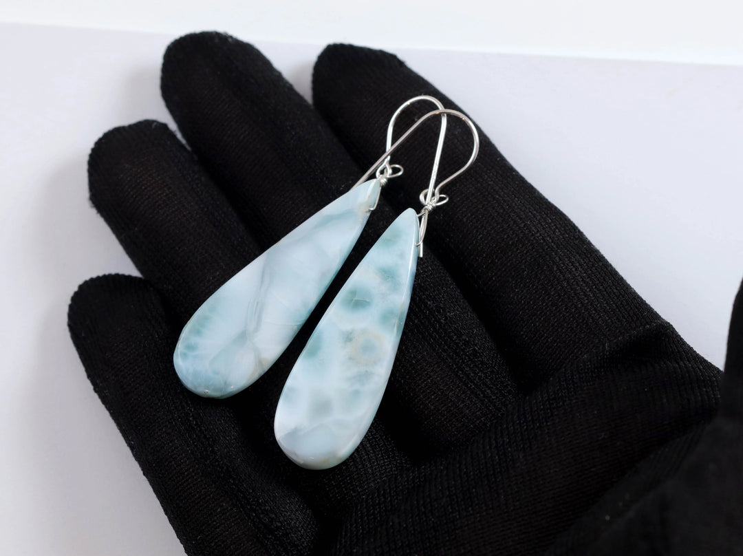 Copy of Blue Larimar Earrings Natural Long Teardrops Smooth Drop 14k Solid Gold or Filled or Sterling Silver Drops Baby Blue Simple 2 Inches - Spyglass Designs