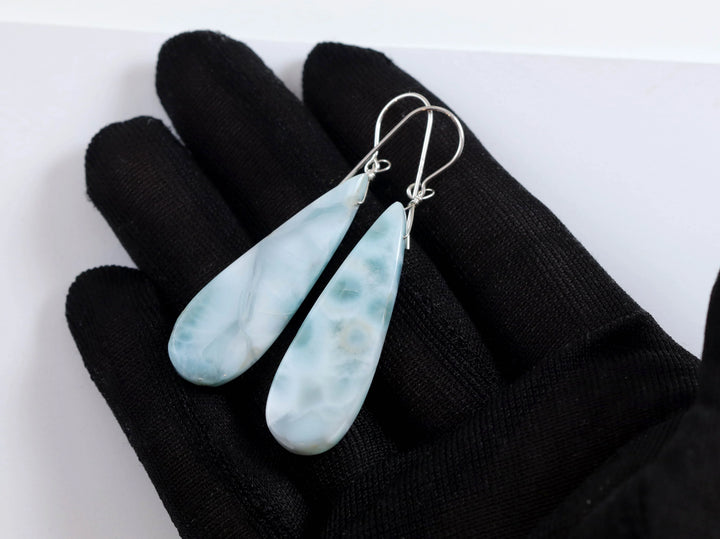 Copy of Blue Larimar Earrings Natural Long Teardrops Smooth Drop 14k Solid Gold or Filled or Sterling Silver Drops Baby Blue Simple 2 Inches - Spyglass Designs