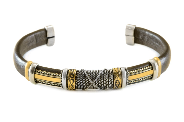 Leather Sterling Silver Bracelet Man's Cuff Adjustable for Men Brass Wrapped Unique Mens Medium Brown or Black High Quality 8 9 Inch
