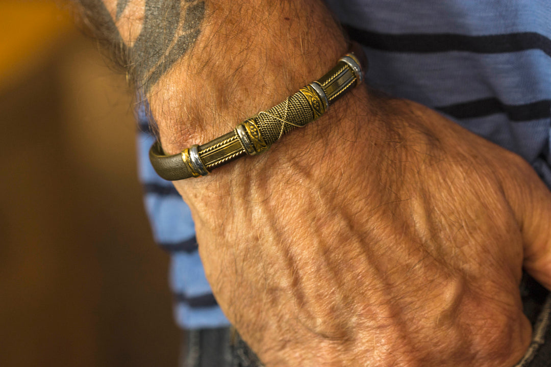 Leather Sterling Silver Bracelet Man's Cuff Adjustable for Men Brass Wrapped Unique Mens Medium Brown or Black High Quality 8 9 Inch