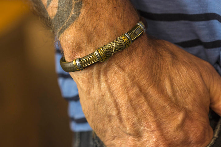 Leather Sterling Silver Bracelet Man's Cuff Adjustable for Men Brass Wrapped Unique Mens Medium Brown or Black High Quality 8 9 Inch