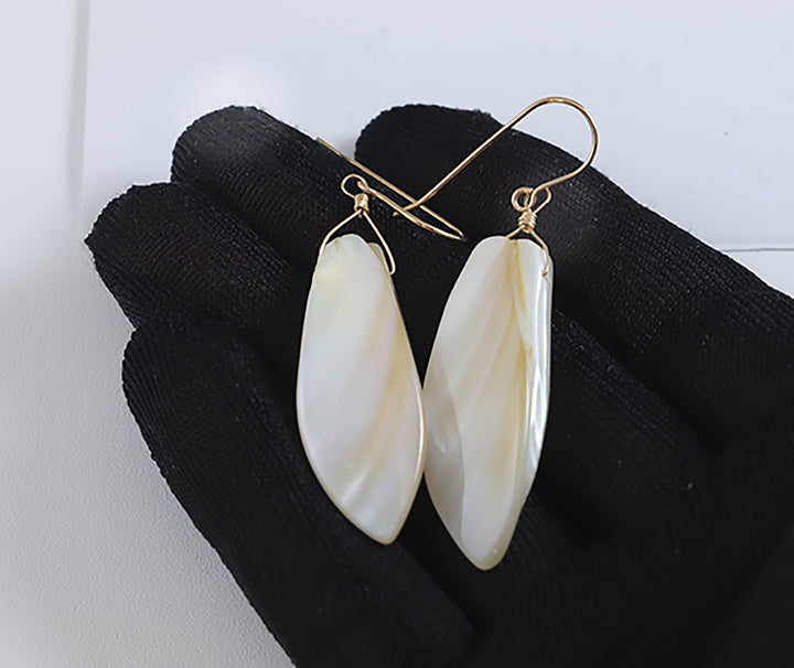 Mother of Pearl Earrings White Shell 14k Gold or Filled or Sterling Silver Natural Curved Shell Long 2 1/2 Inch Drops Large Simple Drops MOP