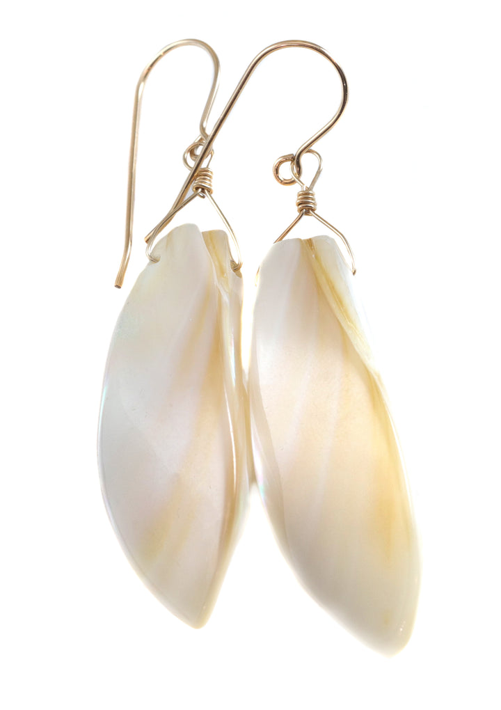 Mother of Pearl Earrings White Shell 14k Gold or Filled or Sterling Silver Natural Curved Shell Long 2 1/2 Inch Drops Large Simple Drops MOP