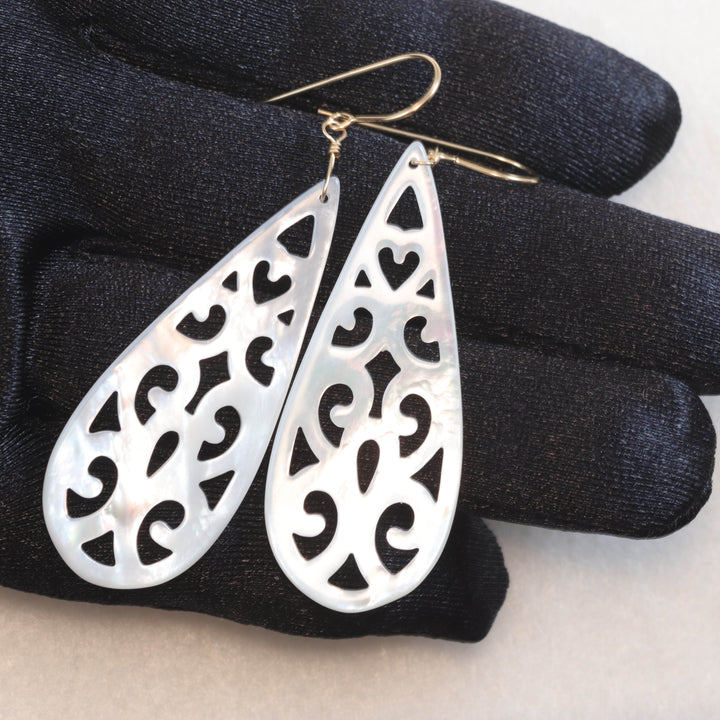 Mother of Pearl Earrings White Shell Carved Relief Teardrop Natural 14k Solid Gold or Filled or Sterling Silver Large Long Luster MOP  2 In