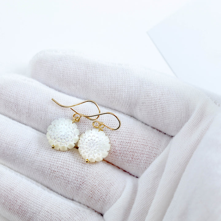 Copy of Mother of Pearl Earrings White Rose Shell Carved Lotus Flower Natural 14k Solid Gold or Filled or Sterling Silver Simple MOP Lightweight Drop