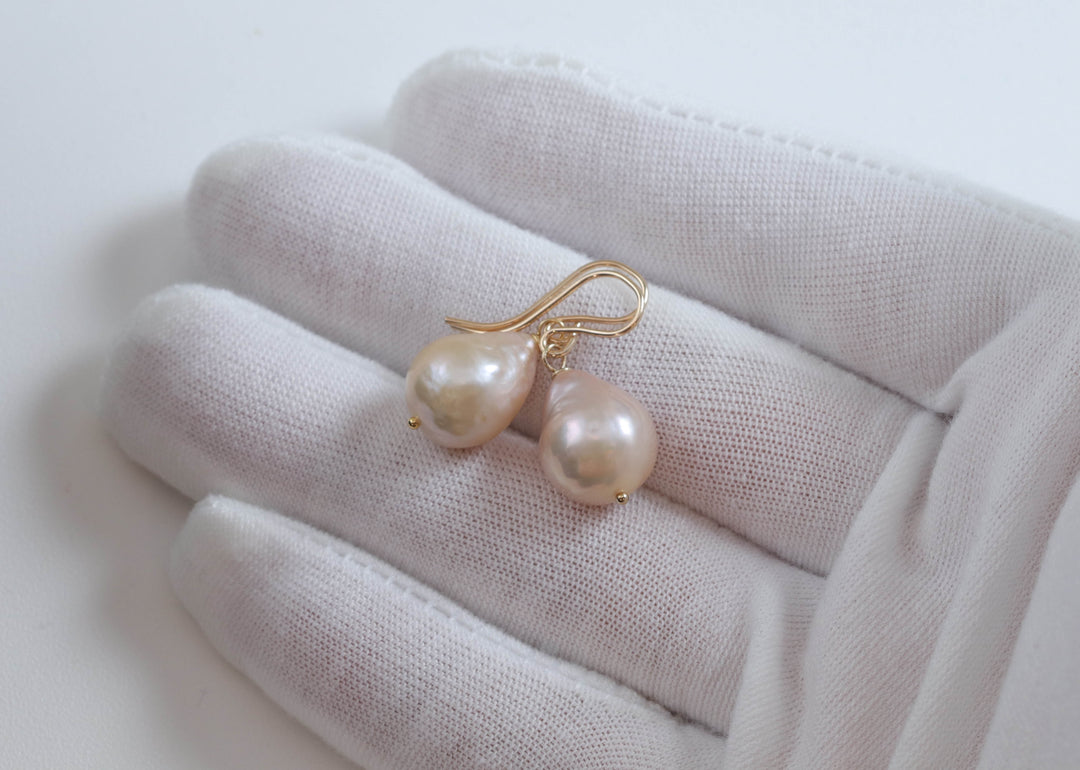 Baroque Pearl Earrings Sterling Silver or 14k Solid Yellow Gold or Filled Champagne Pink Simple Dainty Pearls Freshwater Unique Drops