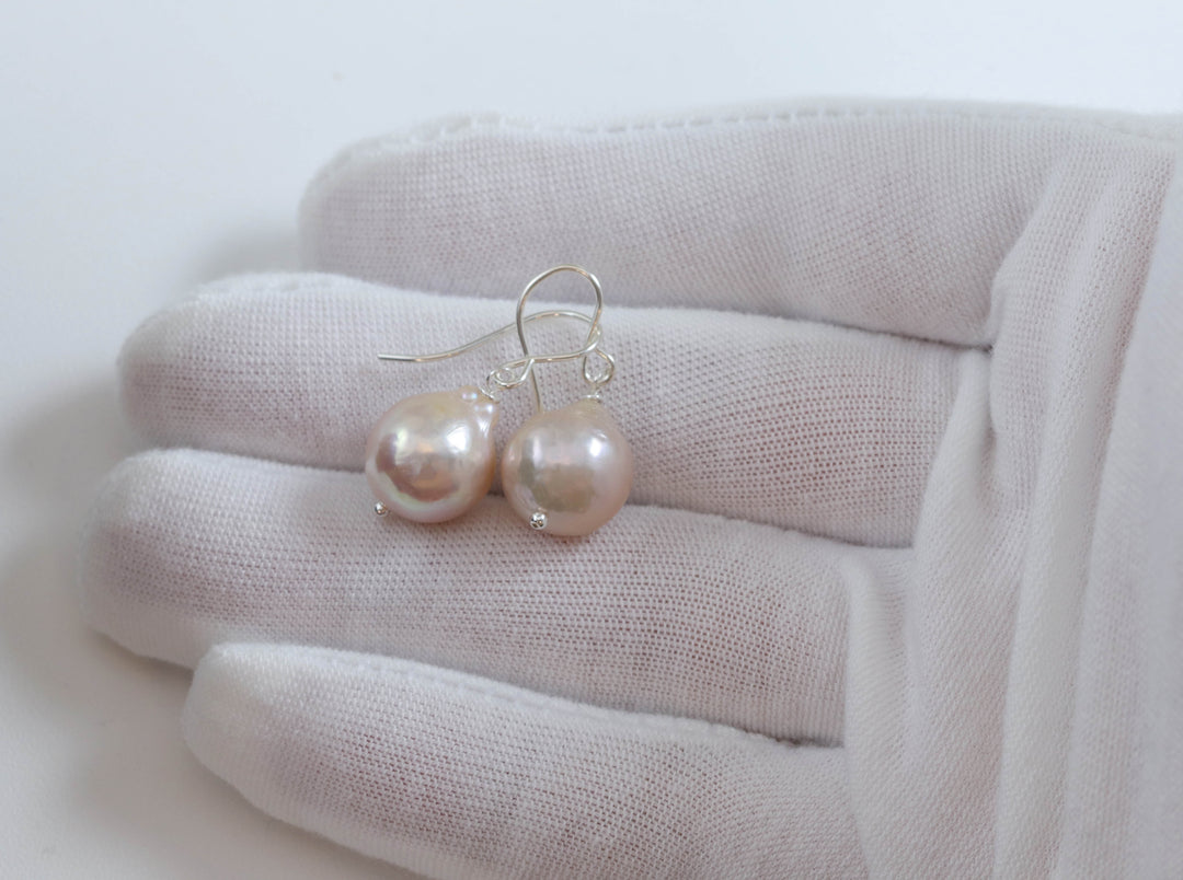 Baroque Pearl Earrings Sterling Silver or 14k Solid Yellow Gold or Filled Champagne Pink Simple Dainty Pearls Freshwater Unique Drops