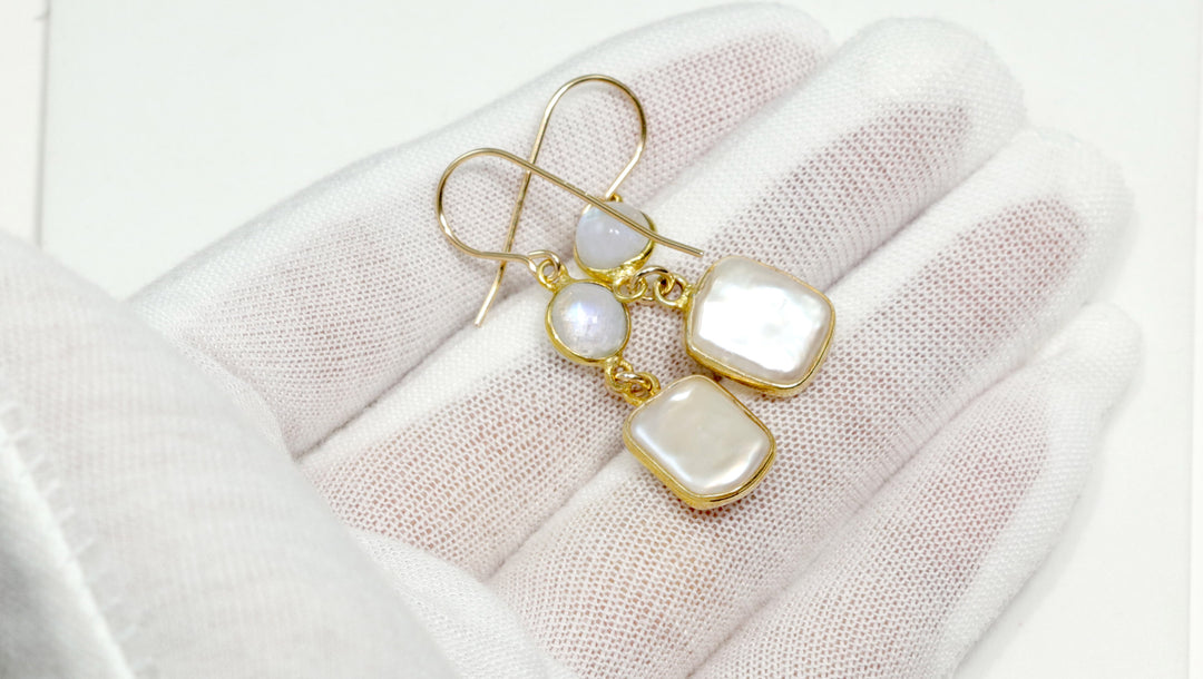 Pearl Earrings 14k gold filled Bezel Set Rainbow Blue Faceted Moonstone Double Hung Freshwater Cultured Pearls Rectangle Cut Bezeled  Drop