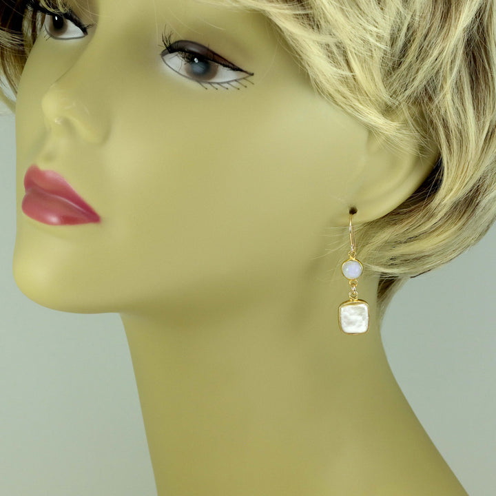 Pearl Earrings 14k gold filled Bezel Set Rainbow Blue Faceted Moonstone Double Hung Freshwater Cultured Pearls Rectangle Cut Bezeled  Drop