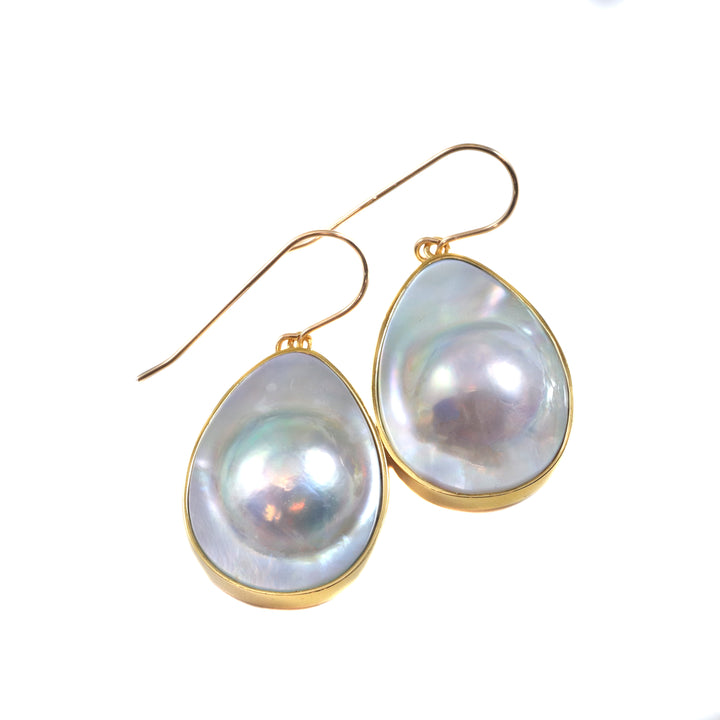Blister Half Pearl Earrings Sterling Silver or 14k Solid Yellow Gold or Filled Silvery White Bezel Pearls Freshwater Unique Drops Spyglass