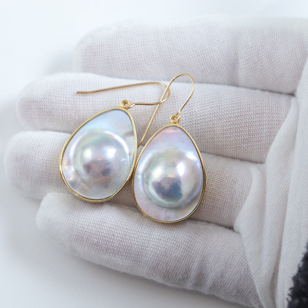 Blister Half Pearl Earrings Sterling Silver or 14k Solid Yellow Gold or Filled Silvery White Bezel Pearls Freshwater Unique Drops Spyglass