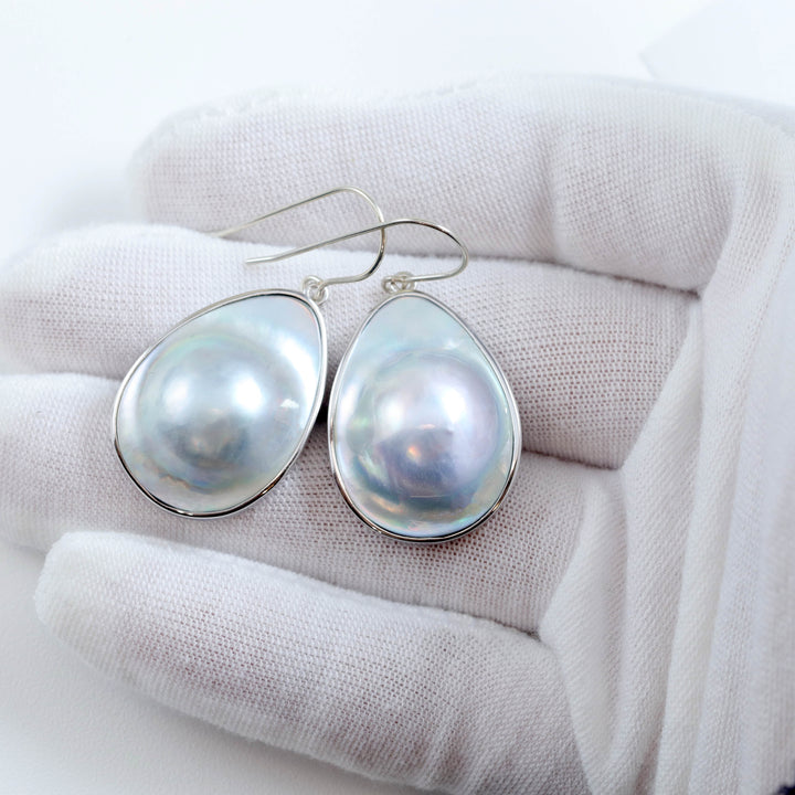 Blister Half Pearl Earrings Sterling Silver or 14k Solid Yellow Gold or Filled Silvery White Bezel Pearls Freshwater Unique Drops Spyglass
