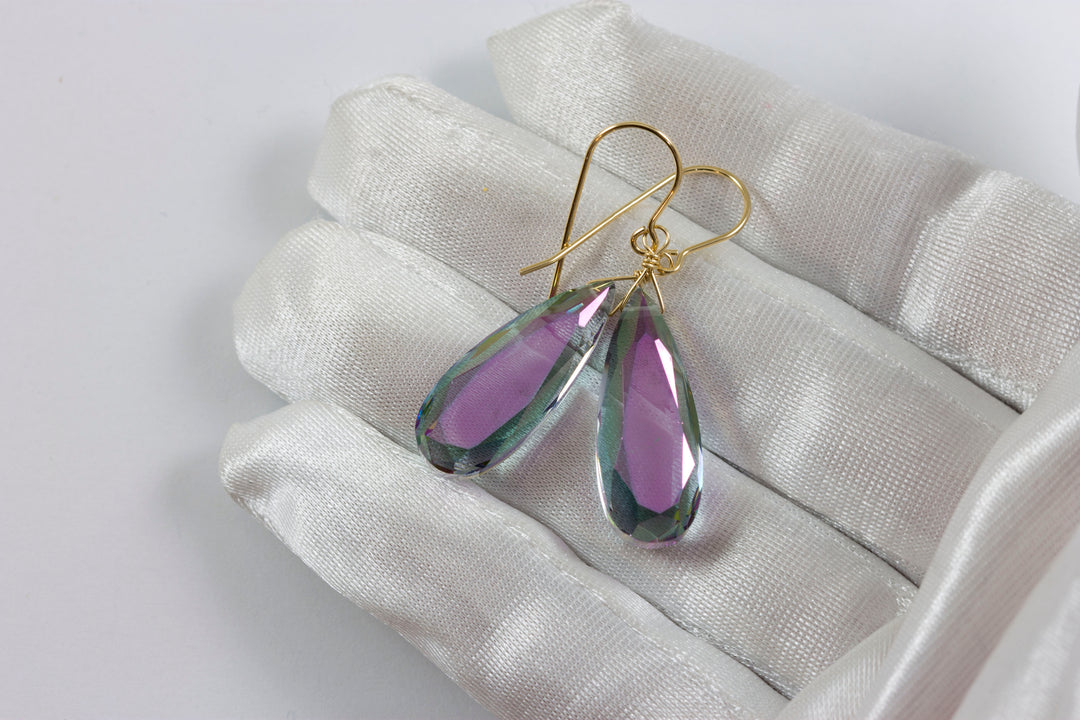 Purple Green Simulated Mystic Topaz Earrings Facet Large Long Dangle 14k Gold or Filled or Sterling Silver Classic Simple Clean Drops
