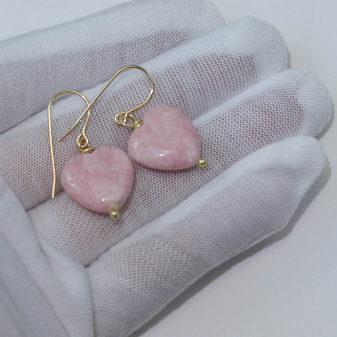 Pink Rhodochrosite Earrings Smooth Natural Teardrop Heart Shaped Sterling Silver or 14k Solid Gold or Filled Natural Earthy Pink Simple Drop