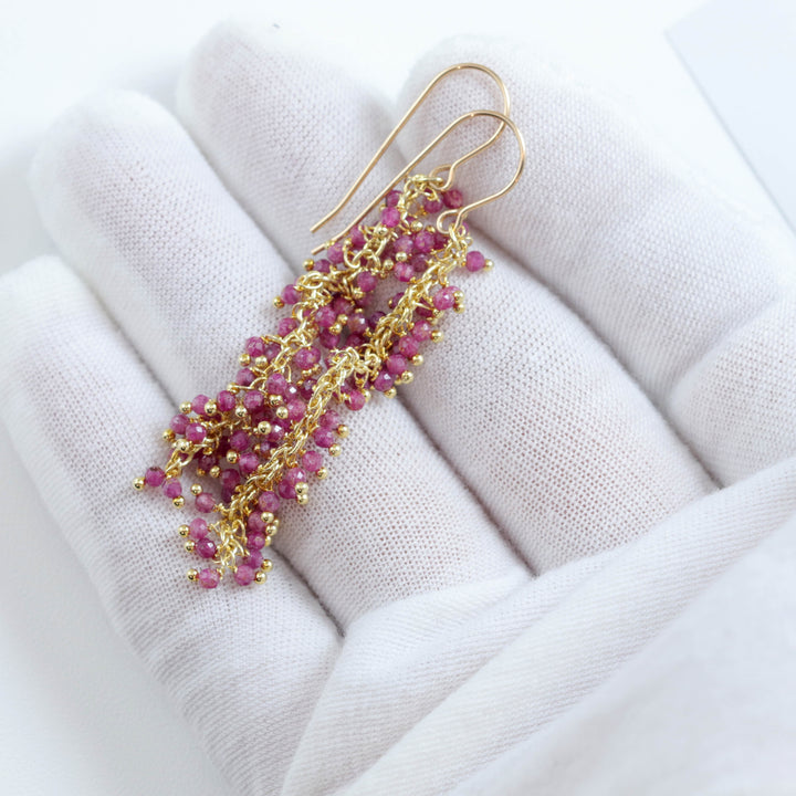 Red Ruby Earrings Long Dangle Clusters 2.6 Inches Chandelier Style Natural Gemstones Spyglass Designs Sterling Silver 14k Solid Gold