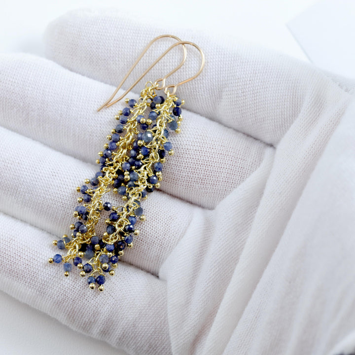 Blue Sapphire Earrings Long Dangle Clusters 2.6 Inches Chandelier Style Natural Gemstones Spyglass Designs Sterling Silver 14k Solid Gold