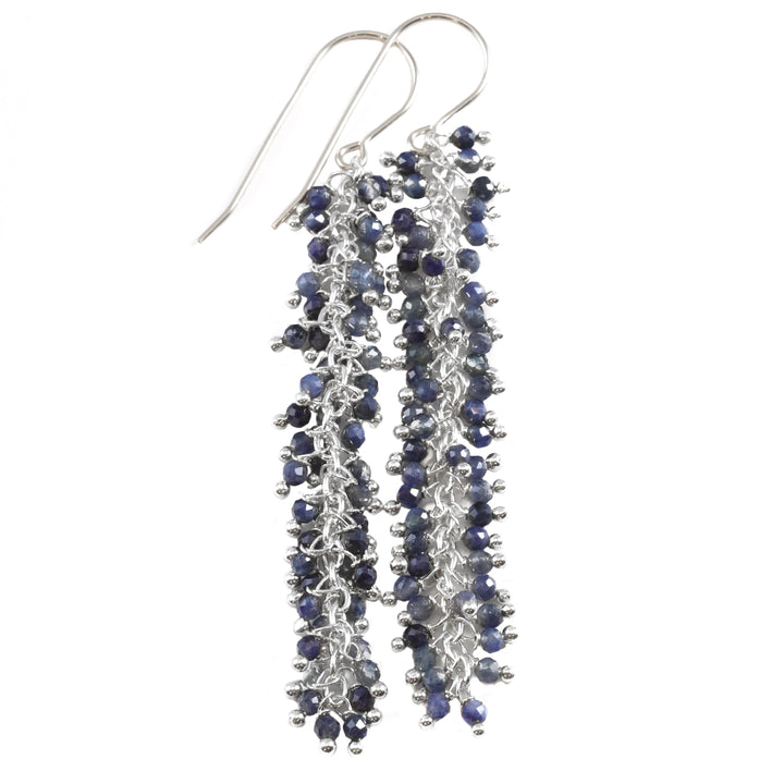 Blue Sapphire Earrings Long Dangle Clusters 2.6 Inches Chandelier Style Natural Gemstones Spyglass Designs Sterling Silver 14k Solid Gold