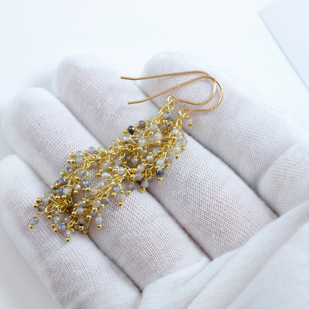 White Sapphire and Moonstone Earrings Long Dangle Clusters 2.6 Inch Chandelier Style Natural Spyglass Design Sterling Silver 14k Solid Gold