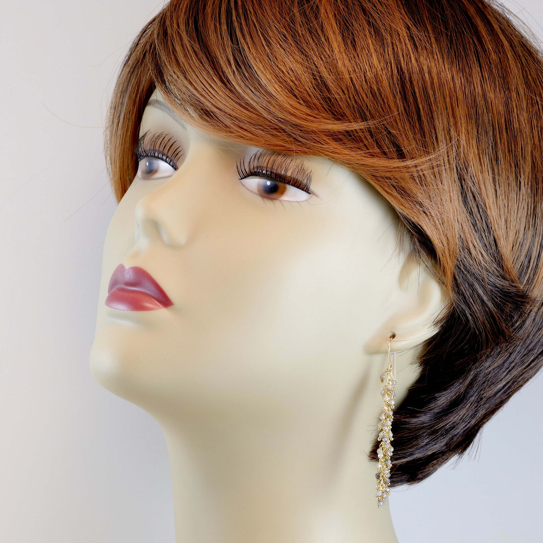 White Sapphire and Moonstone Earrings Long Dangle Clusters 2.6 Inch Chandelier Style Natural Spyglass Design Sterling Silver 14k Solid Gold