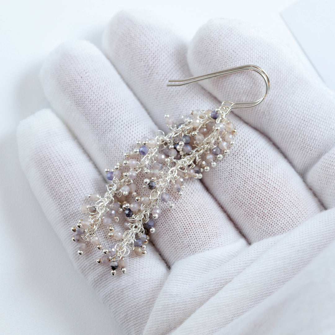 White Sapphire and Moonstone Earrings Long Dangle Clusters 2.6 Inch Chandelier Style Natural Spyglass Design Sterling Silver 14k Solid Gold