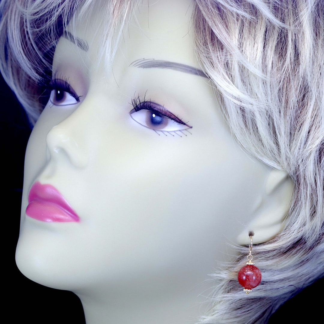 Copper Sunstone Earrings Smooth Round 14k Solid Yellow Gold or Sterling Silver 1 Inch Drops