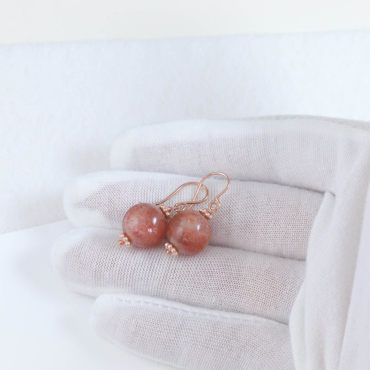 Copper Sunstone Earrings Smooth Round 14k Solid Yellow Gold or Sterling Silver 1 Inch Drops